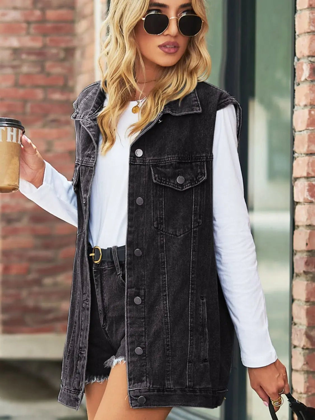 Collared Neck Sleeveless Denim Top with Pockets - Charmdeals
