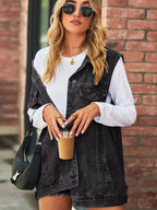 Collared Neck Sleeveless Denim Top with Pockets - Charmdeals