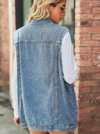Collared Neck Sleeveless Denim Top with Pockets - Charmdeals