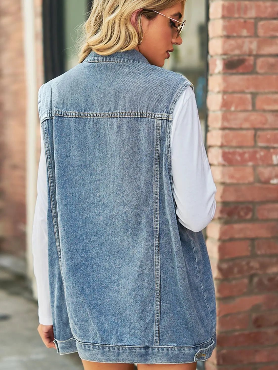 Collared Neck Sleeveless Denim Top with Pockets - Charmdeals