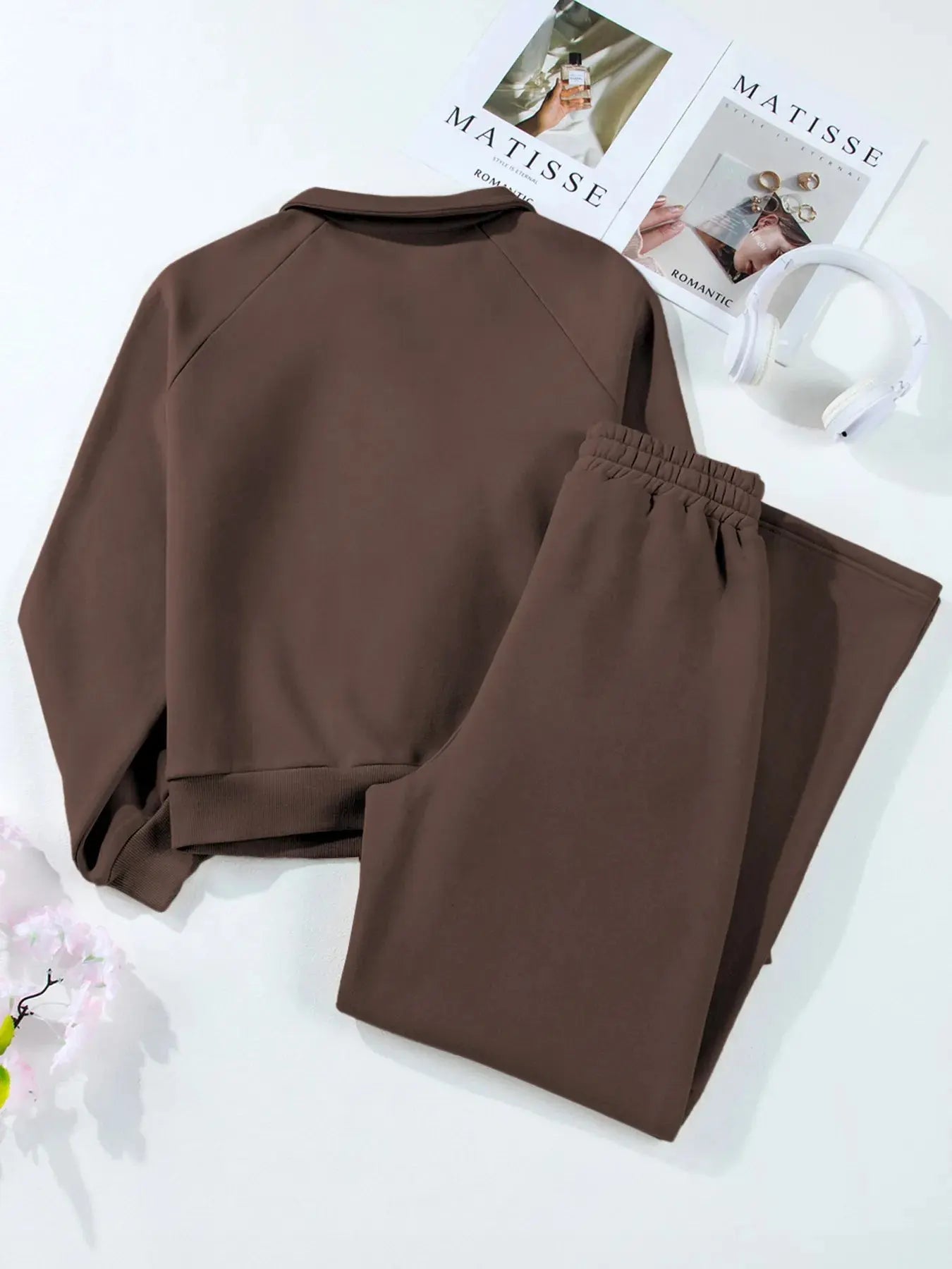 Collared Sweatshirt and High Waist Pants Active Set - Charmdeals
