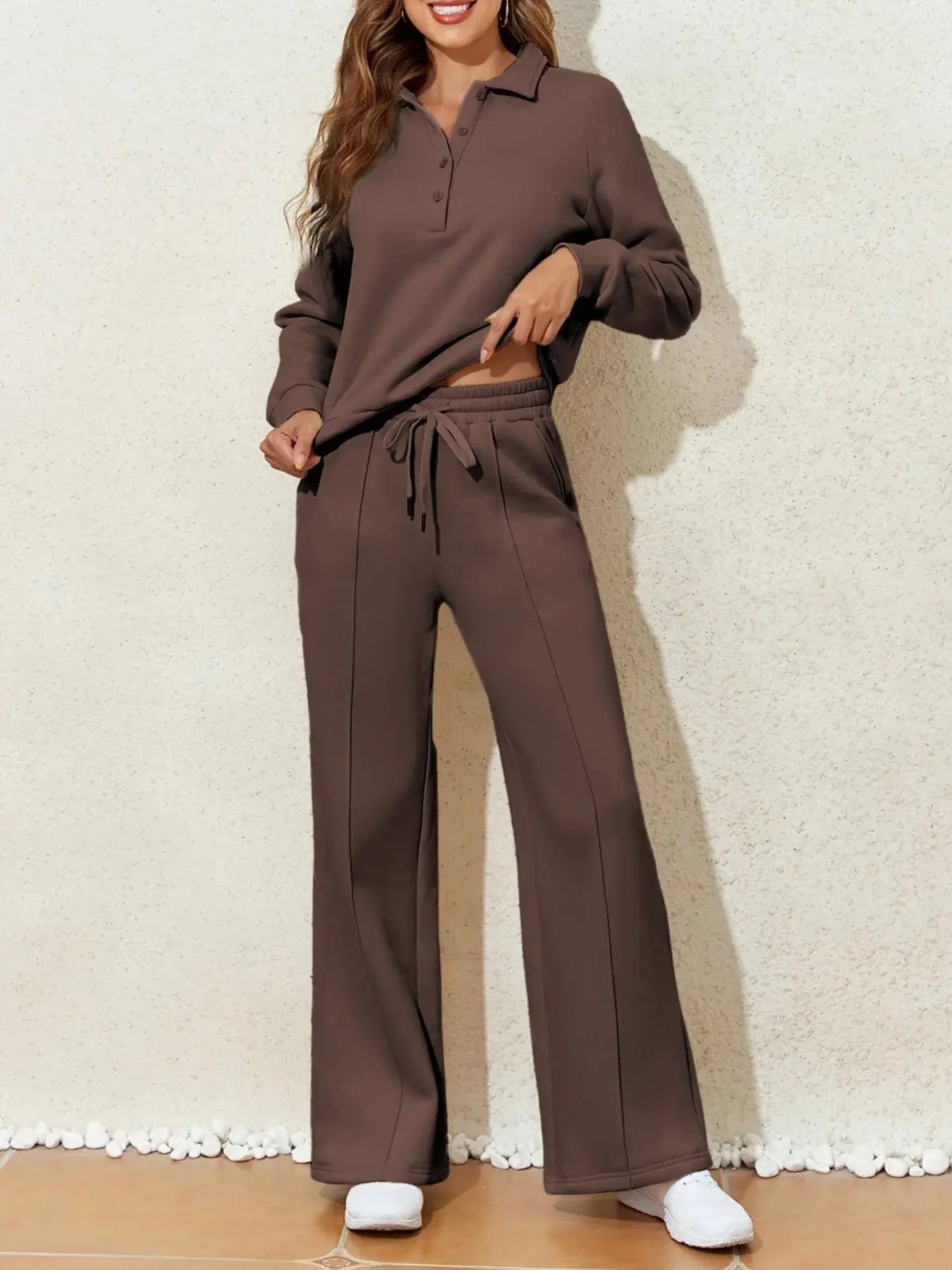 Collared Sweatshirt and High Waist Pants Active Set - Charmdeals