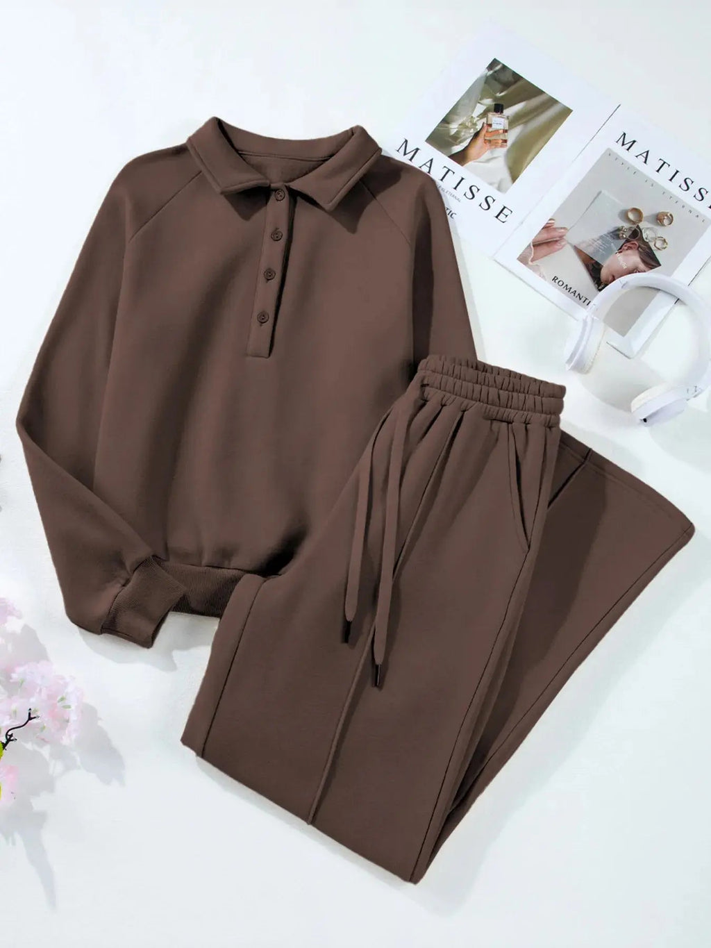 Collared Sweatshirt and High Waist Pants Active Set - Charmdeals