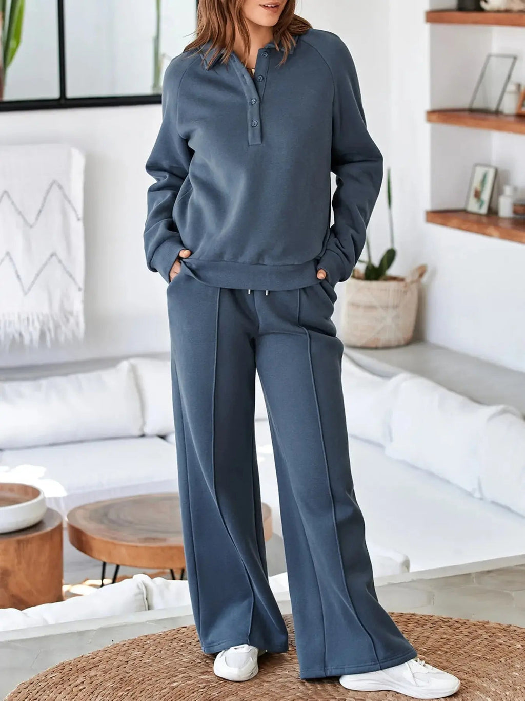 Collared Sweatshirt and High Waist Pants Active Set - Charmdeals