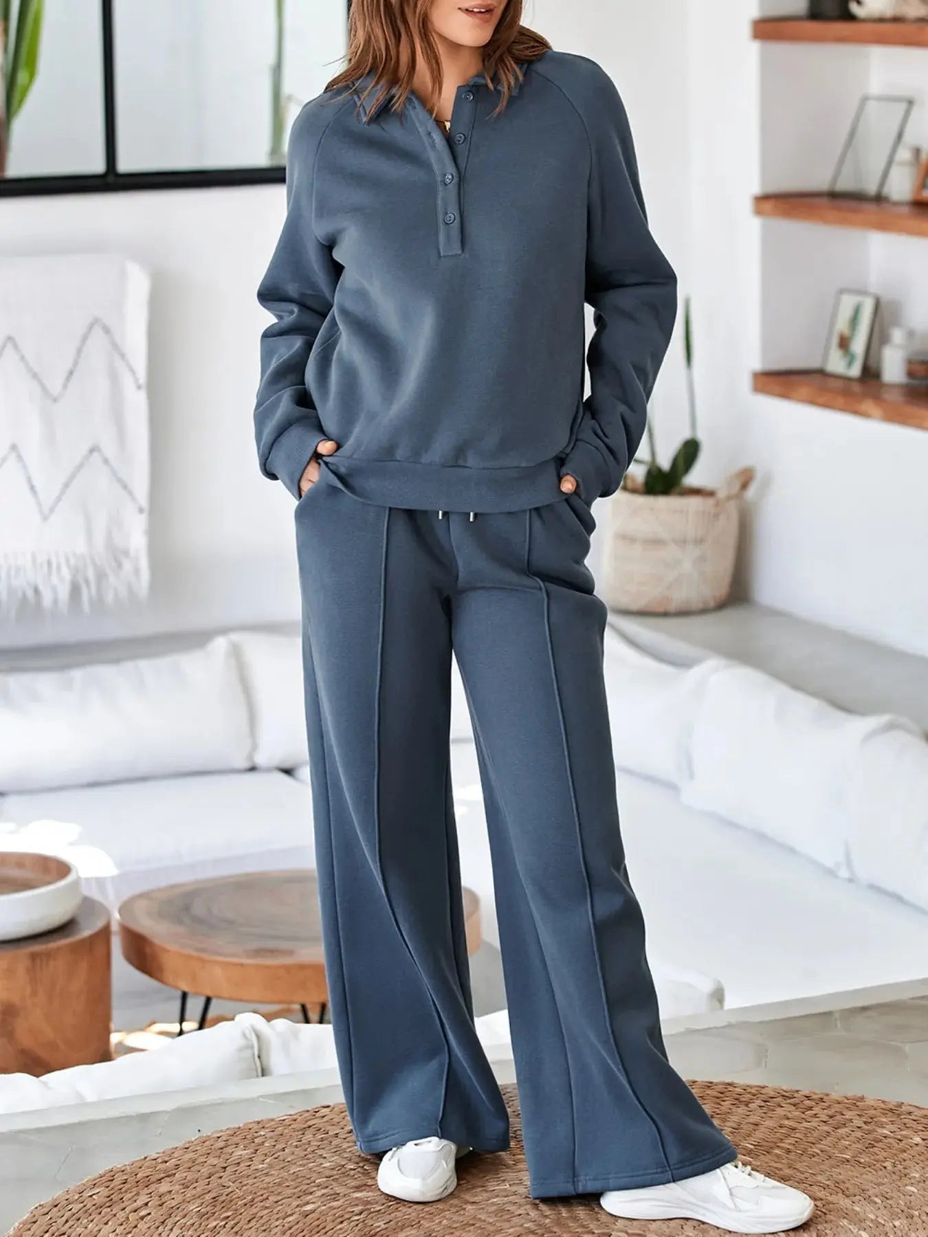 Collared Sweatshirt and High Waist Pants Active Set - Charmdeals