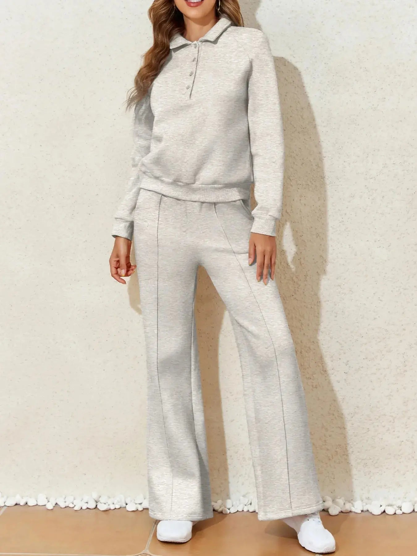 Collared Sweatshirt and High Waist Pants Active Set - Charmdeals