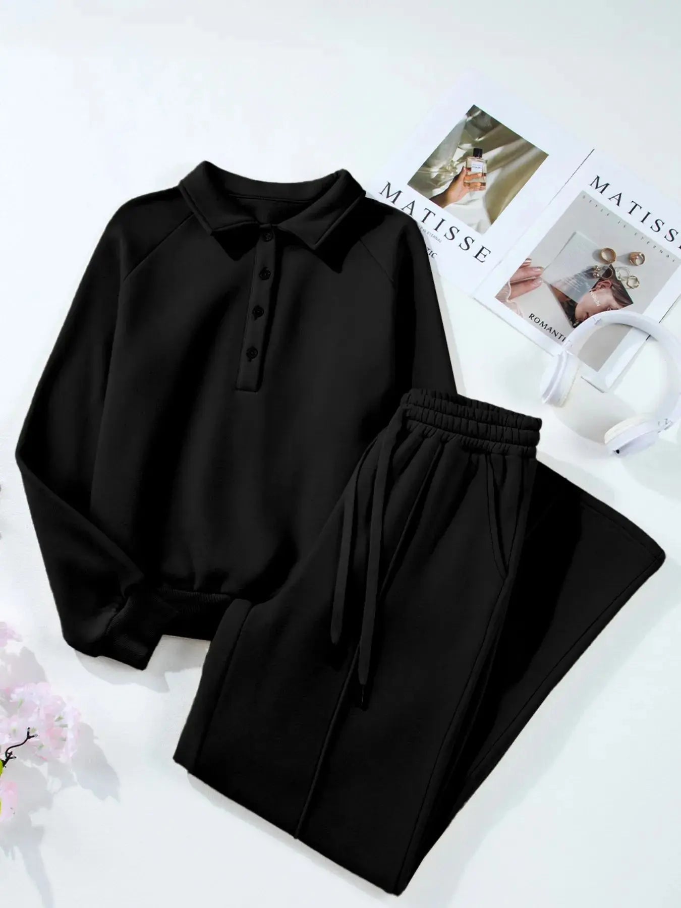 Collared Sweatshirt and High Waist Pants Active Set - Charmdeals