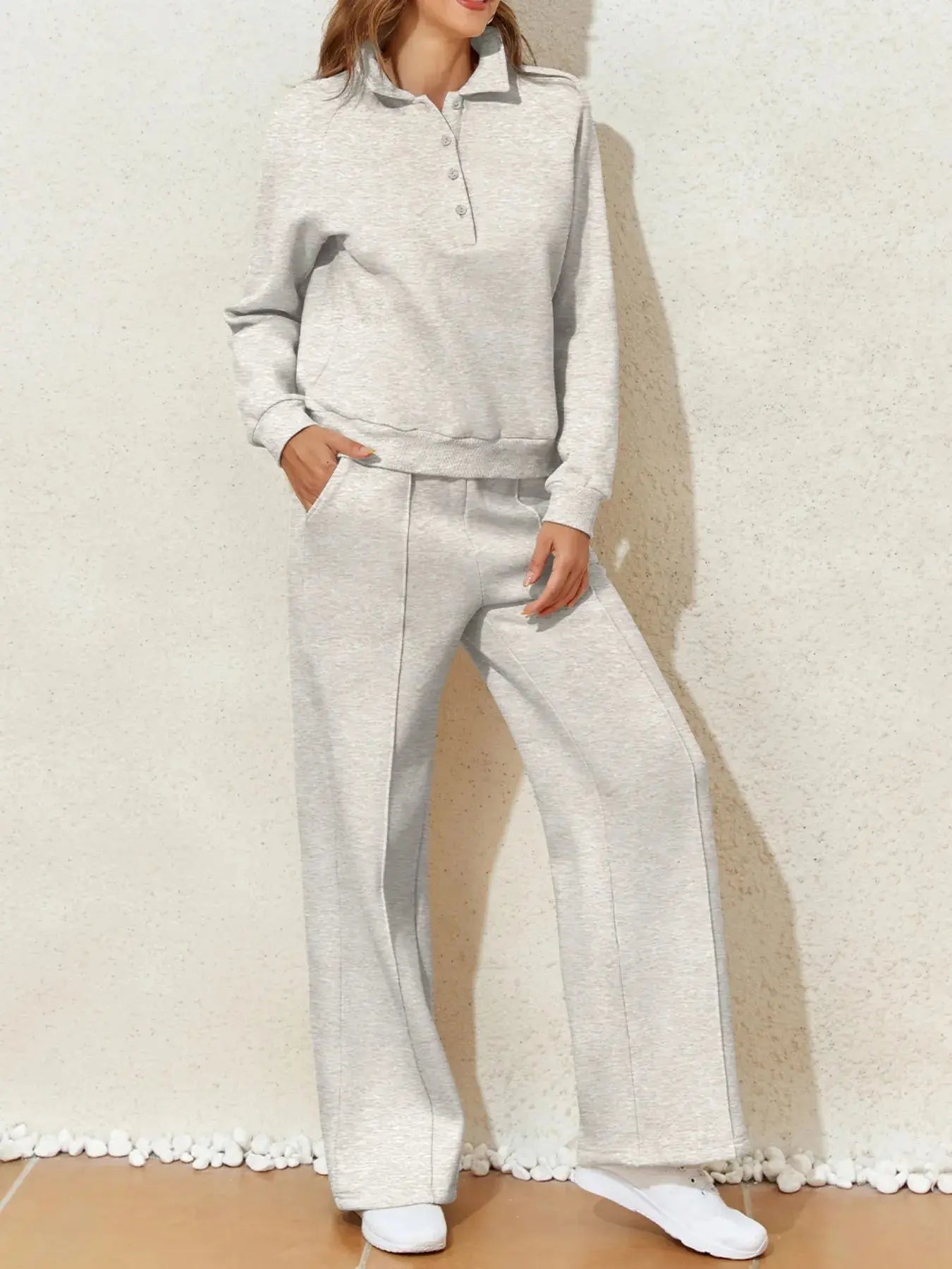 Collared Sweatshirt and High Waist Pants Active Set - Charmdeals
