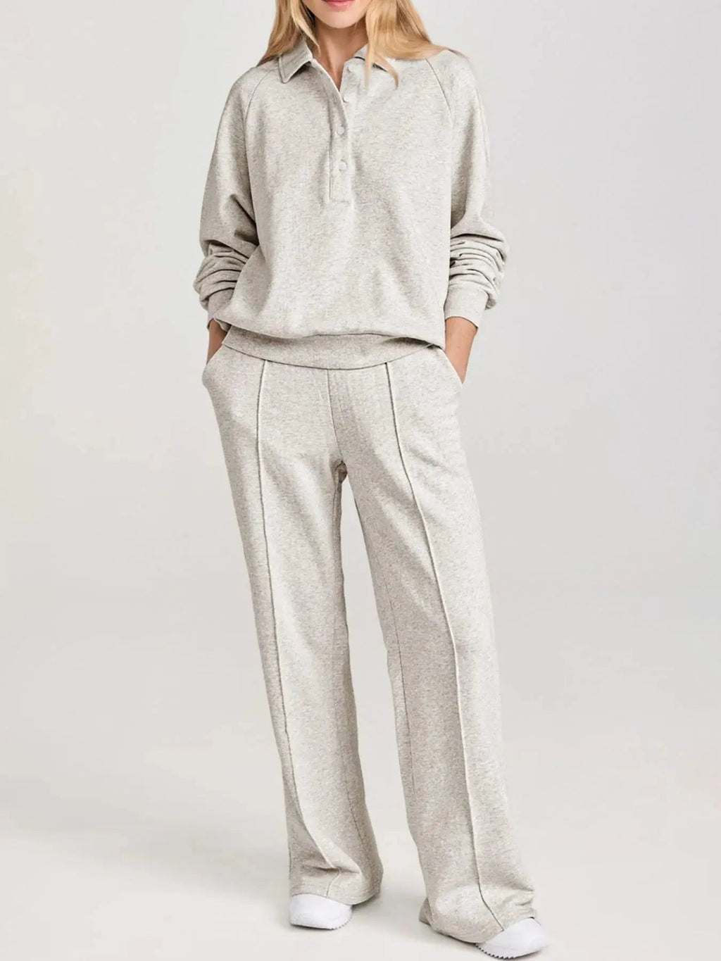 Collared Sweatshirt and High Waist Pants Active Set - Charmdeals
