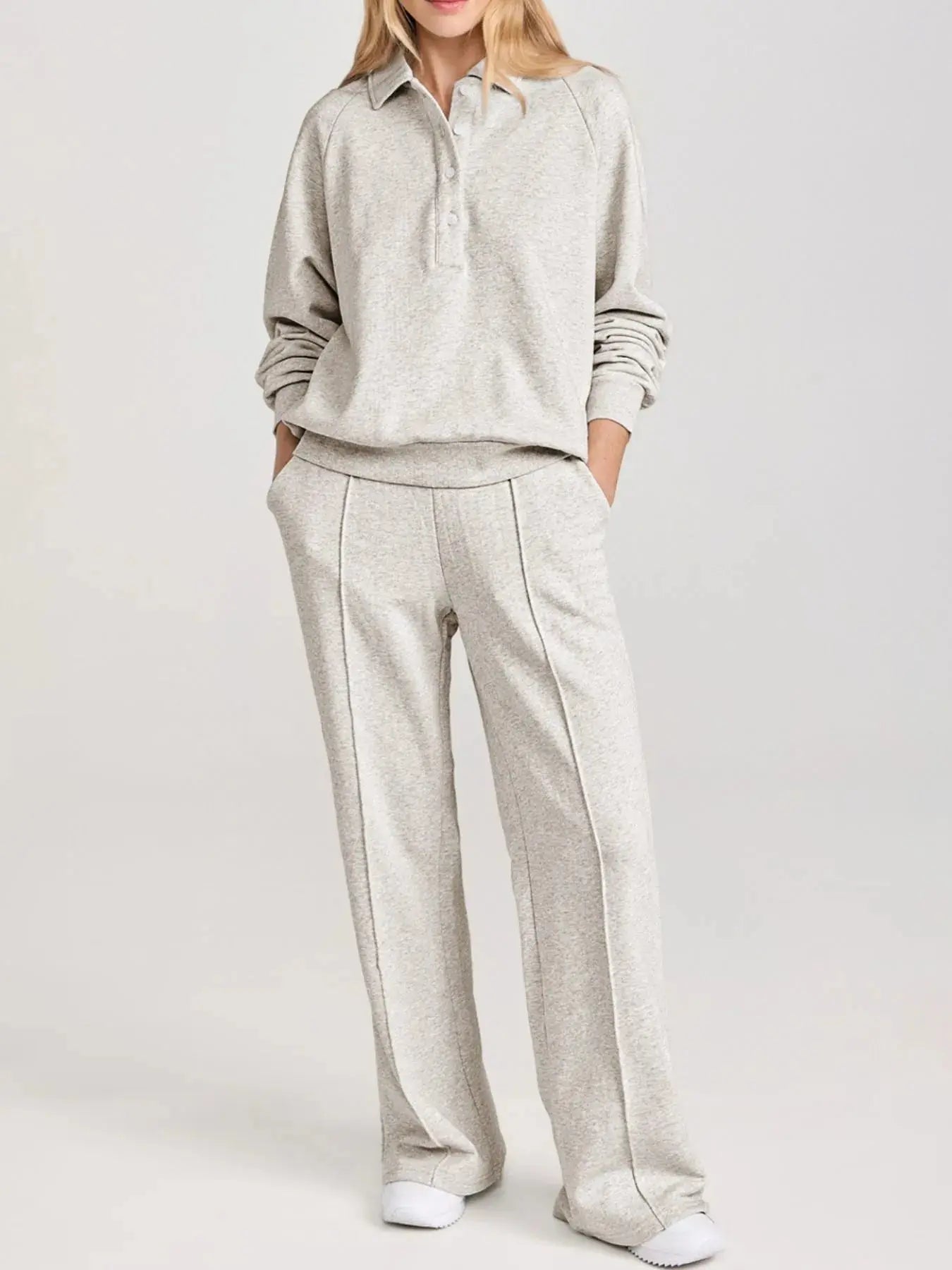 Collared Sweatshirt and High Waist Pants Active Set - Charmdeals