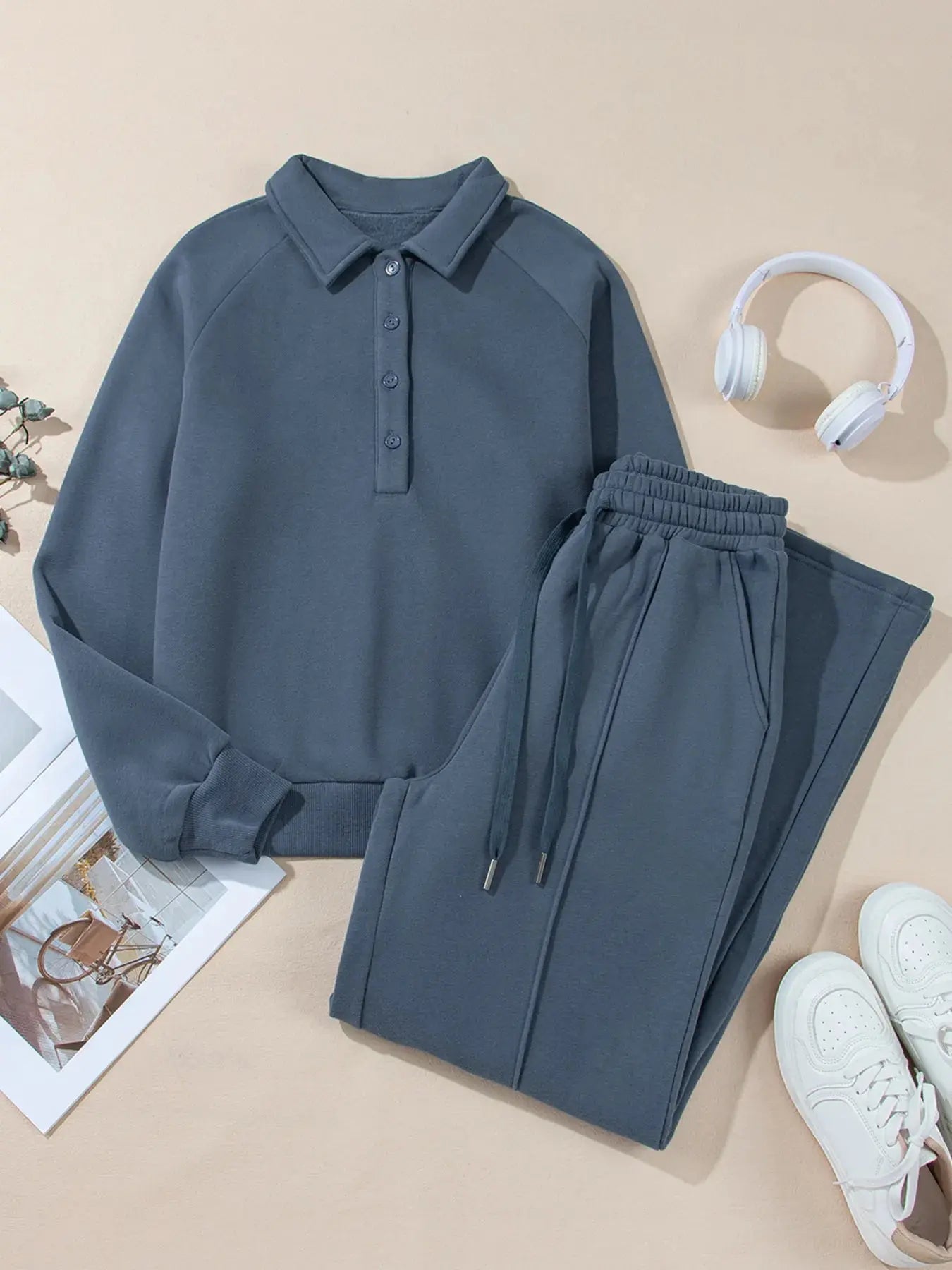 Collared Sweatshirt and High Waist Pants Active Set - Charmdeals