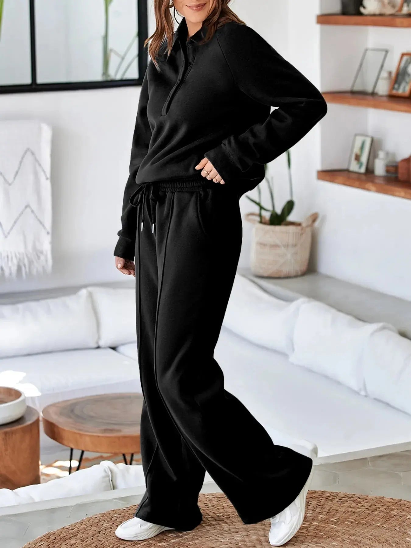 Collared Sweatshirt and High Waist Pants Active Set - Charmdeals