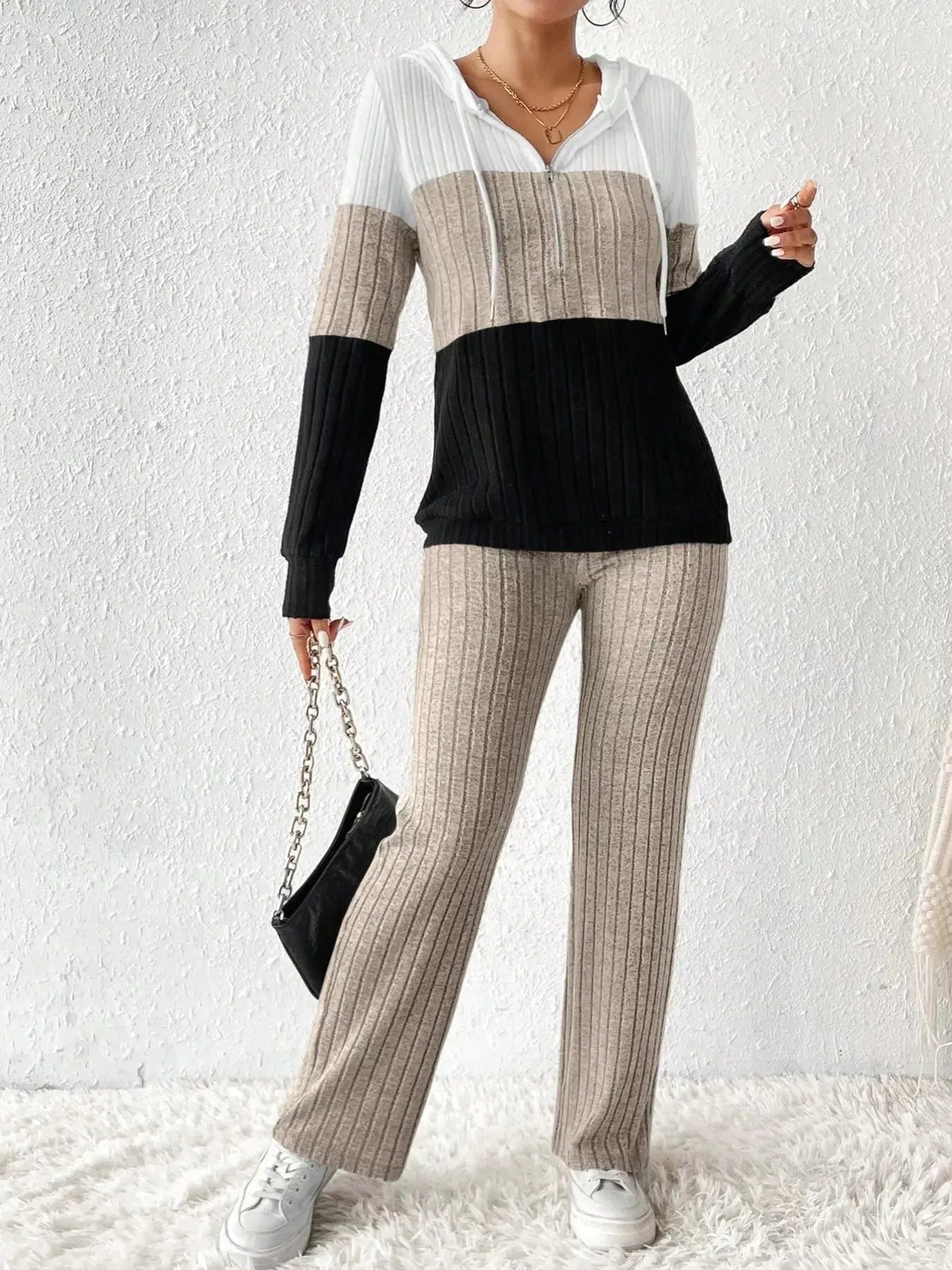 Color Block Half Zip Hooded Top and Pants Set - Charmdeals
