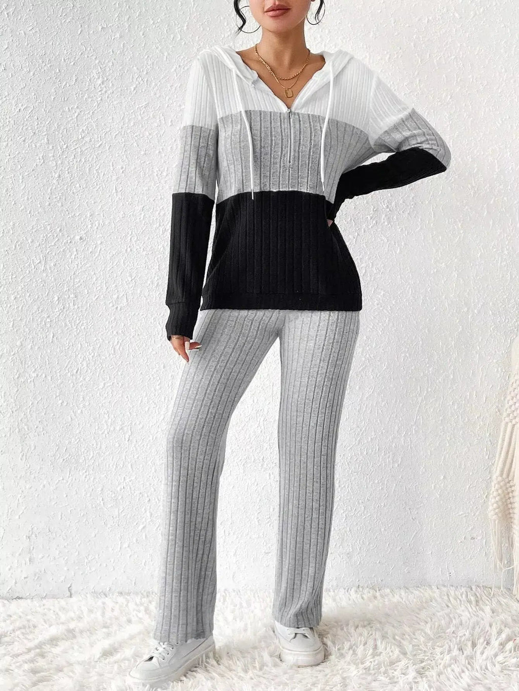 Color Block Half Zip Hooded Top and Pants Set - Charmdeals