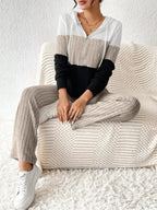 Color Block Half Zip Hooded Top and Pants Set - Charmdeals