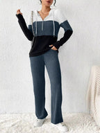 Color Block Half Zip Hooded Top and Pants Set - Charmdeals