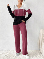 Color Block Half Zip Hooded Top and Pants Set - Charmdeals