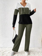 Color Block Half Zip Hooded Top and Pants Set - Charmdeals
