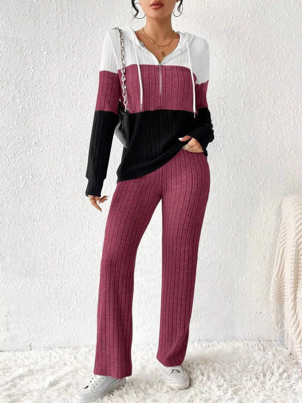 Color Block Half Zip Hooded Top and Pants Set - Charmdeals