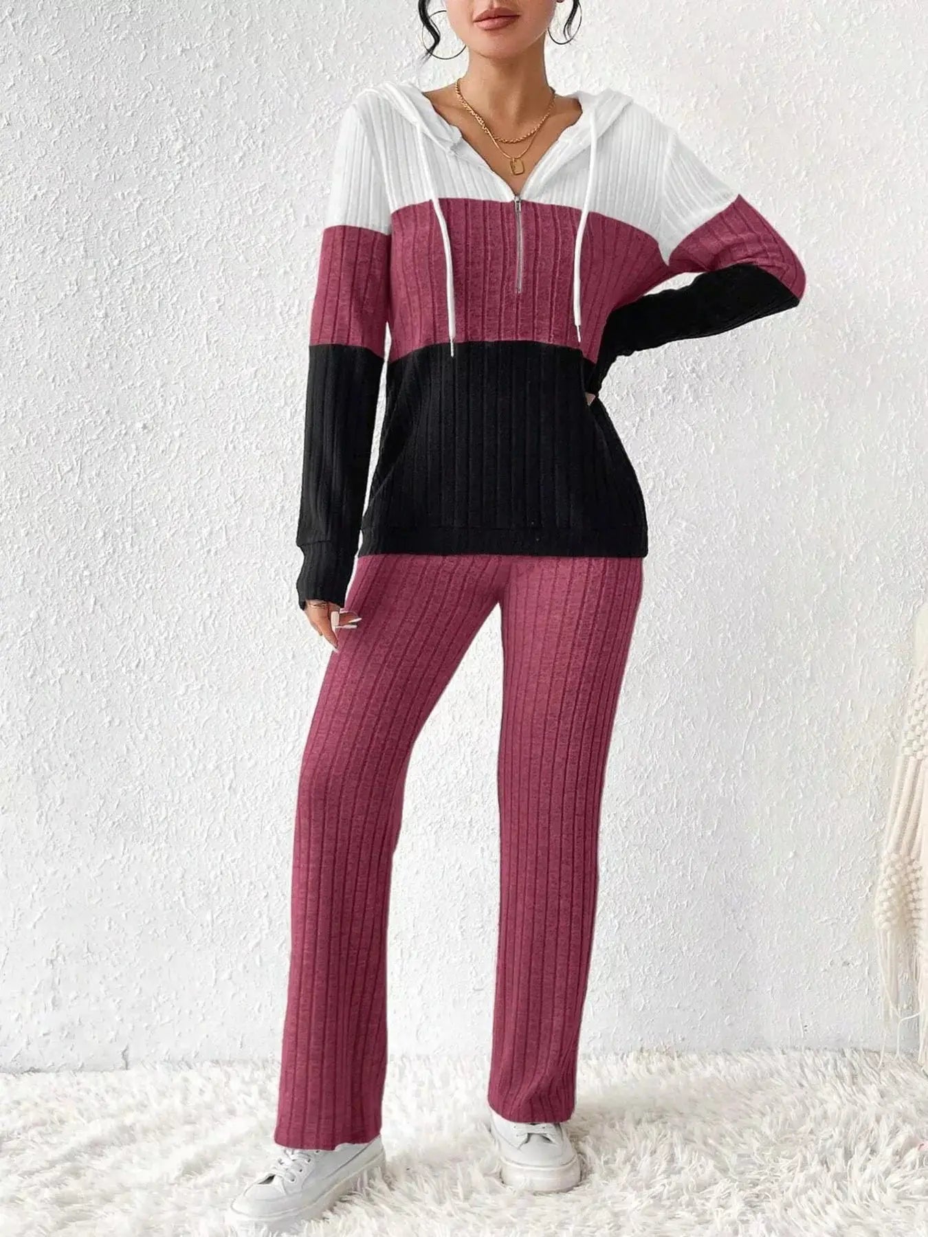 Color Block Half Zip Hooded Top and Pants Set - Charmdeals