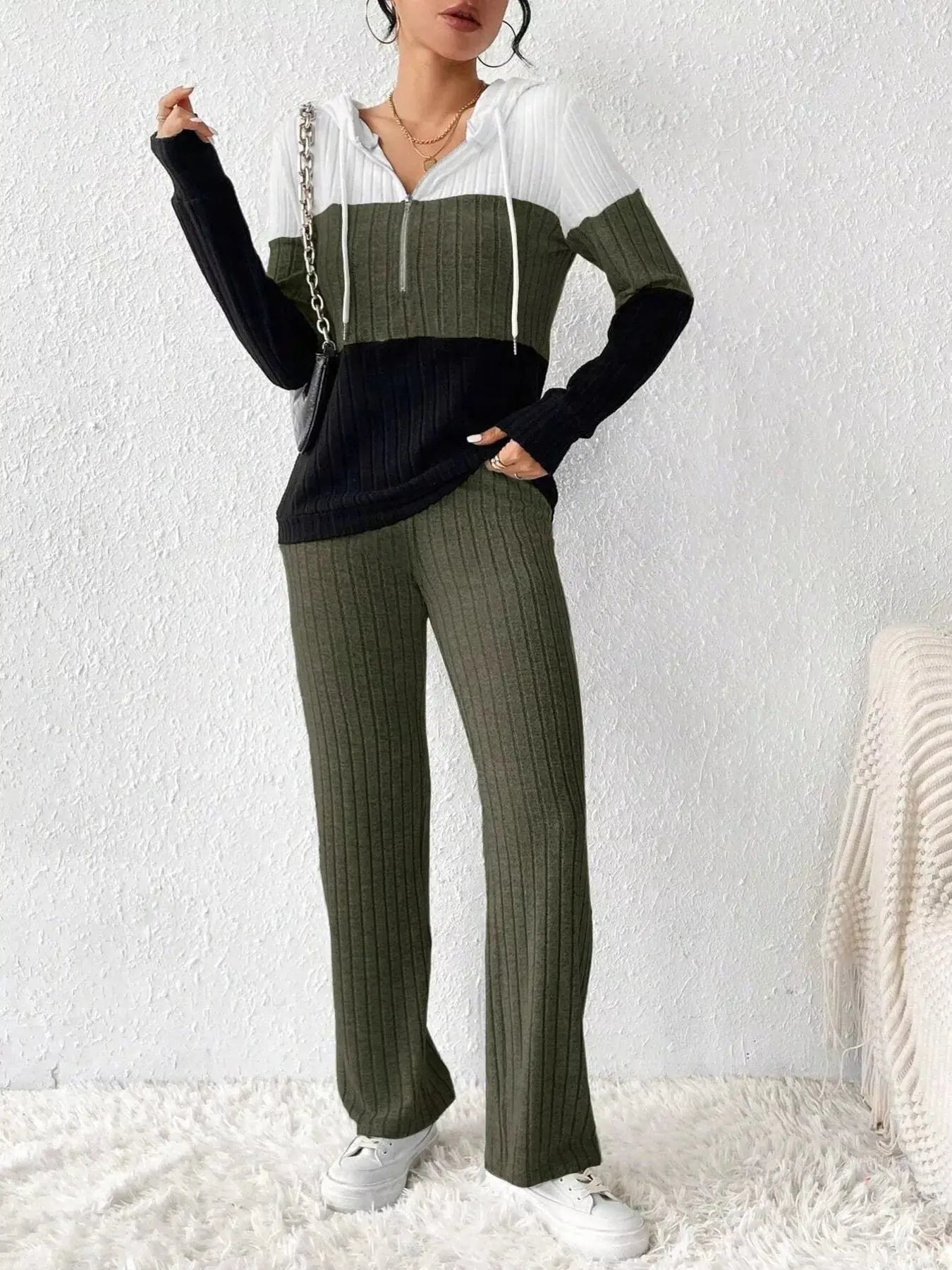 Color Block Half Zip Hooded Top and Pants Set - Charmdeals
