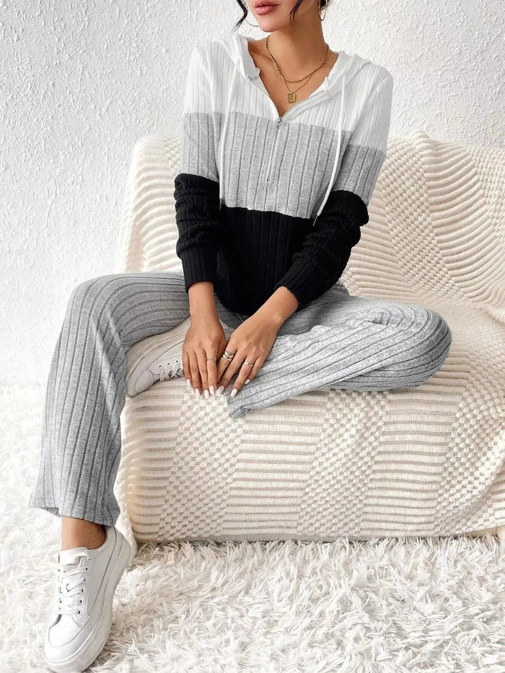Color Block Half Zip Hooded Top and Pants Set - Charmdeals