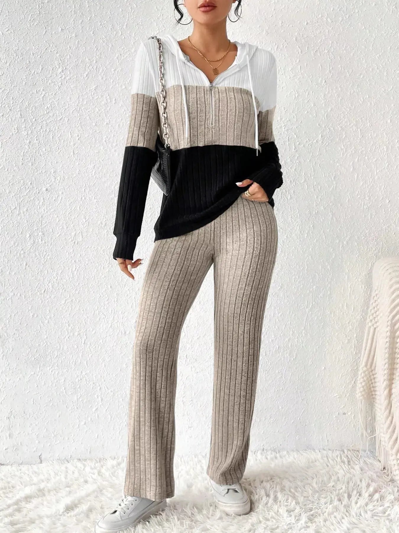 Color Block Half Zip Hooded Top and Pants Set - Charmdeals