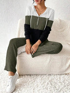 Color Block Half Zip Hooded Top and Pants Set - Charmdeals