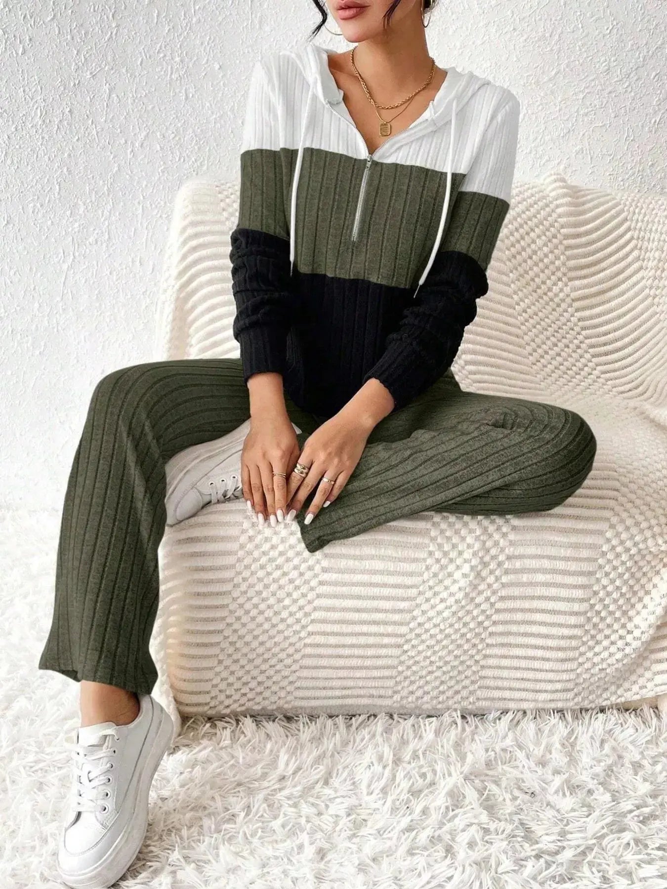 Color Block Half Zip Hooded Top and Pants Set - Charmdeals