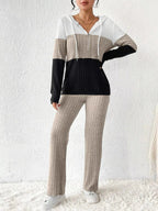 Color Block Half Zip Hooded Top and Pants Set - Charmdeals