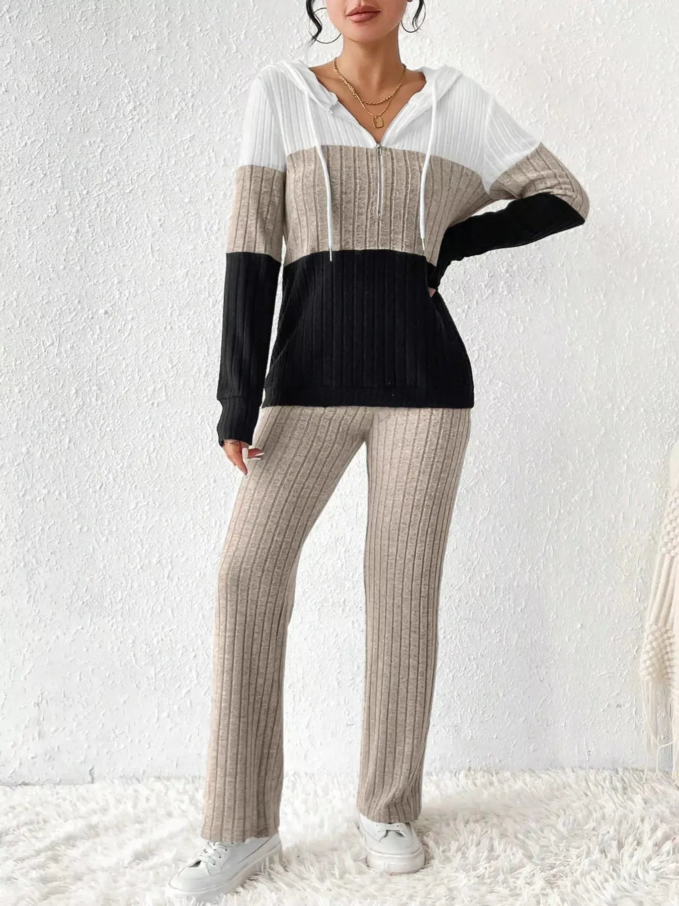 Color Block Half Zip Hooded Top and Pants Set - Charmdeals