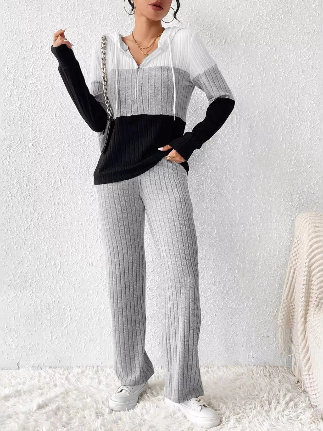 Color Block Half Zip Hooded Top and Pants Set - Charmdeals