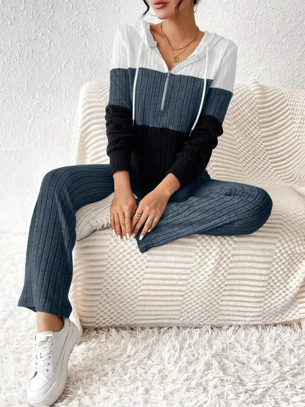 Color Block Half Zip Hooded Top and Pants Set - Charmdeals