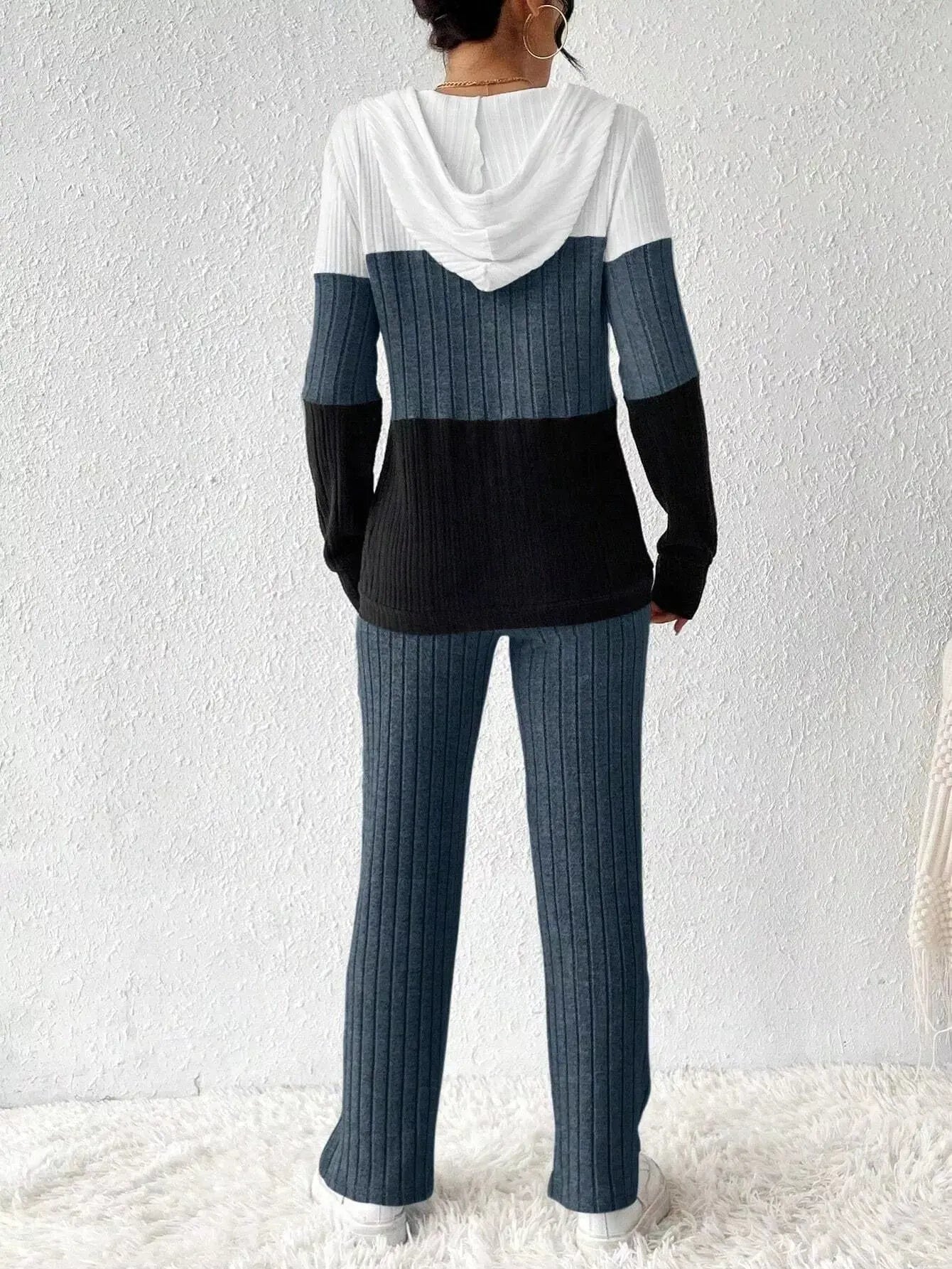 Color Block Half Zip Hooded Top and Pants Set - Charmdeals