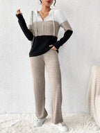 Color Block Half Zip Hooded Top and Pants Set - Charmdeals