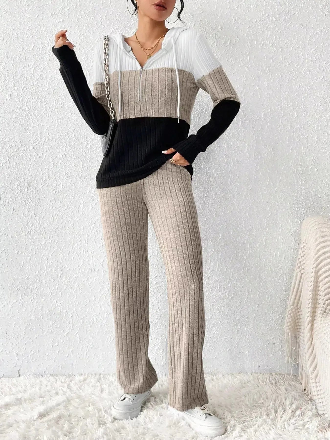 Color Block Half Zip Hooded Top and Pants Set - Charmdeals