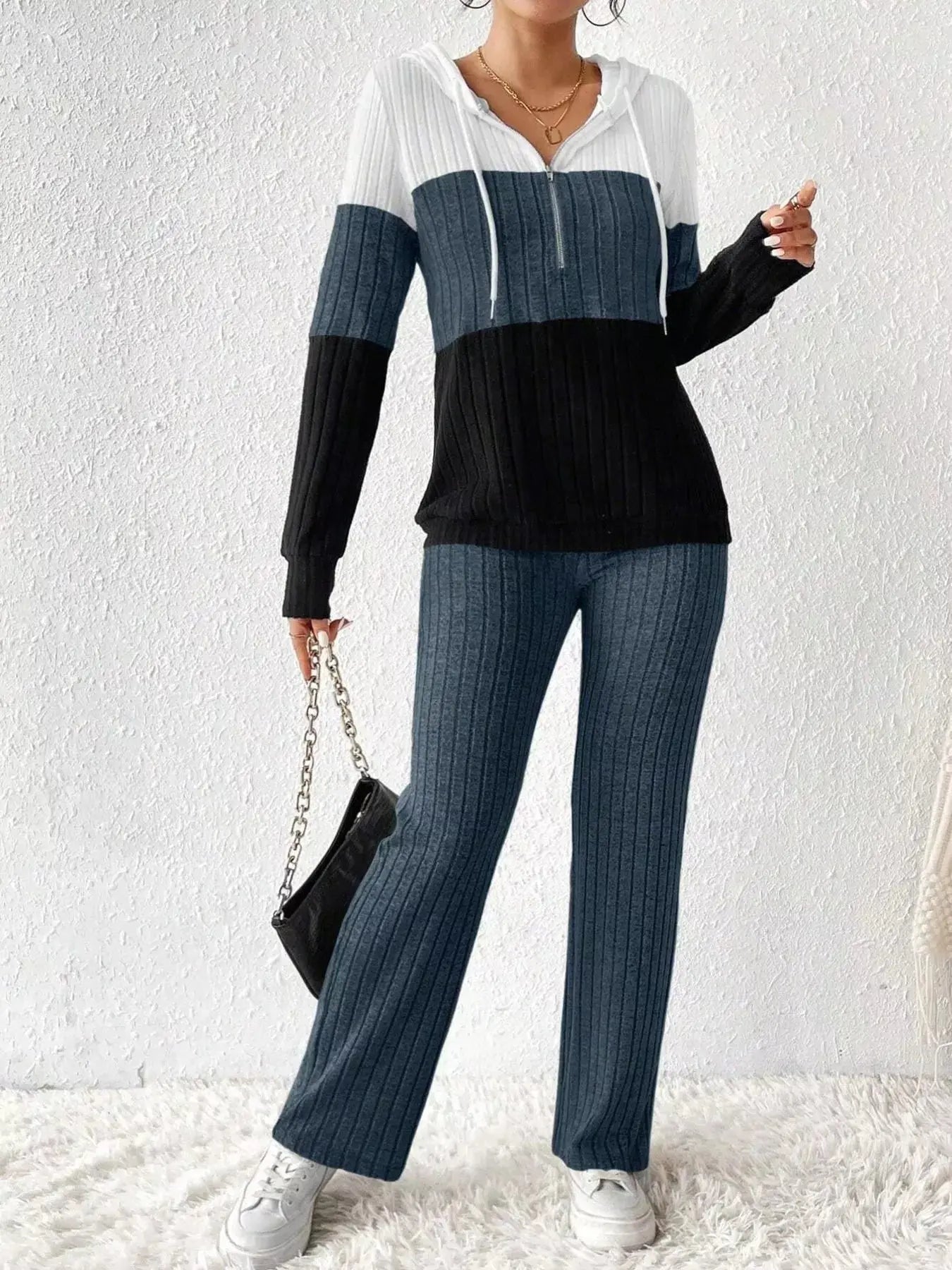 Color Block Half Zip Hooded Top and Pants Set - Charmdeals