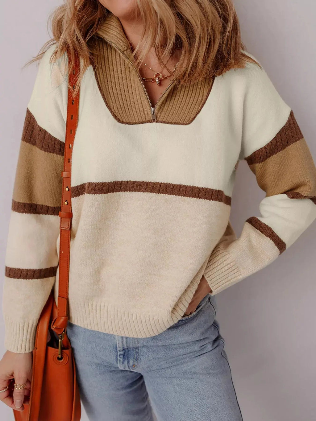 Color Block Zipped Collared Sweater - Charmdeals