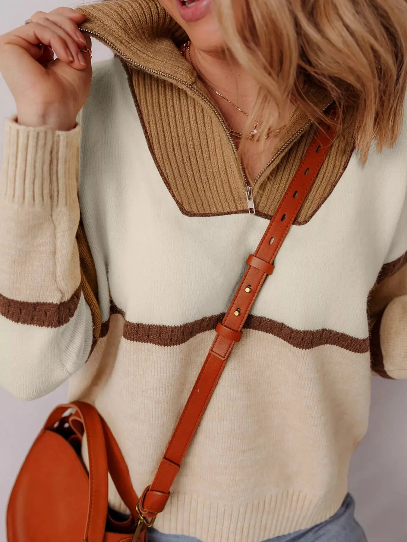 Color Block Zipped Collared Sweater - Charmdeals