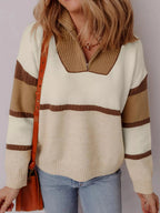 Color Block Zipped Collared Sweater - Charmdeals