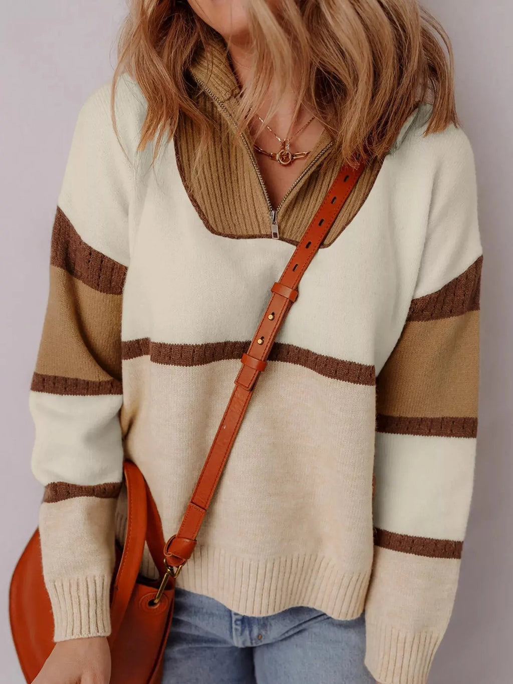 Color Block Zipped Collared Sweater - Charmdeals