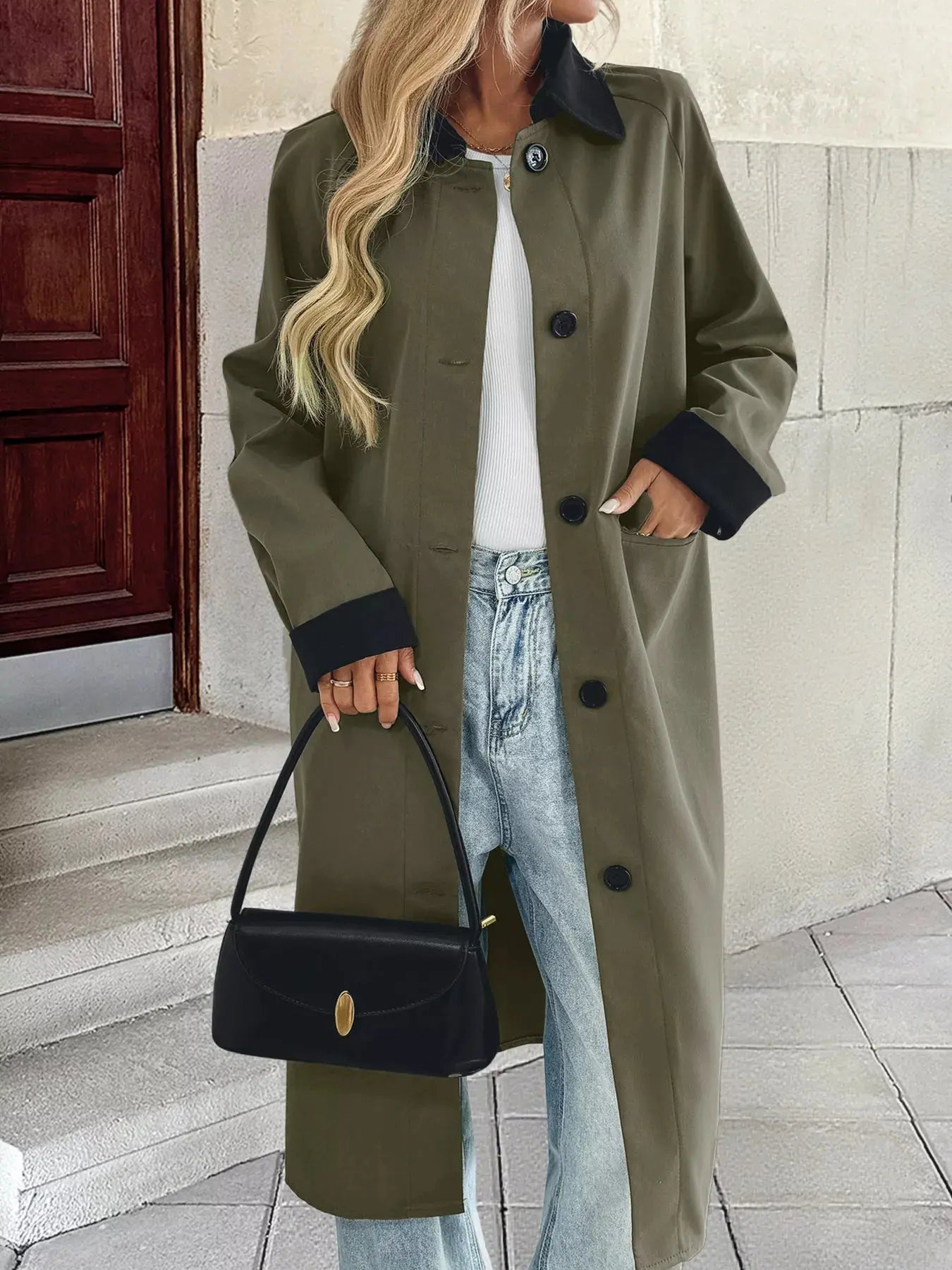 Contrast Collar Button Up Coat - Charmdeals
