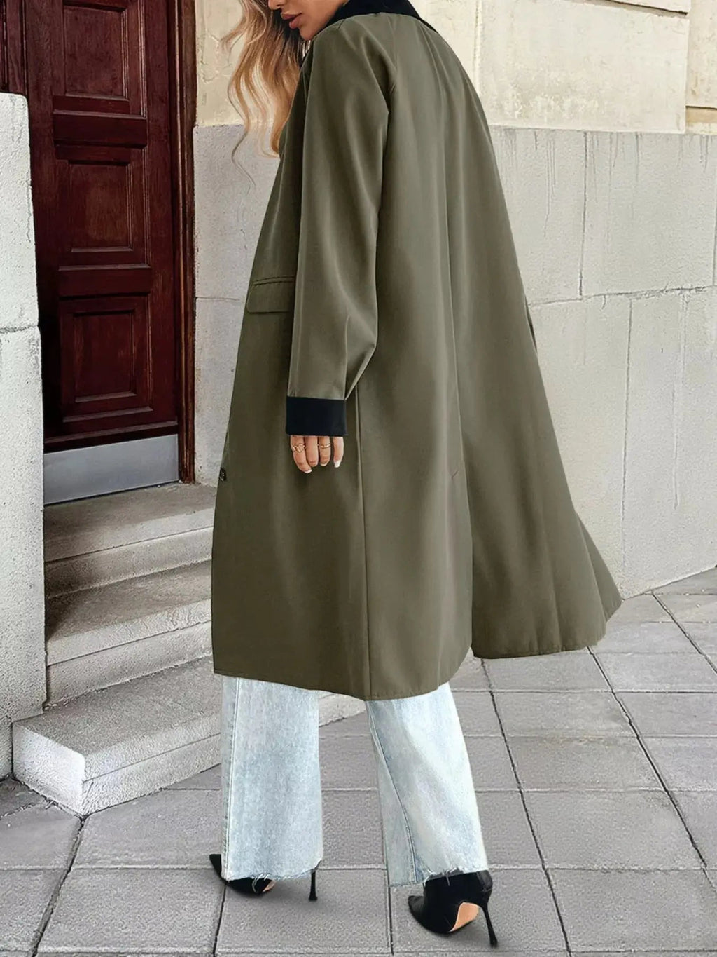 Contrast Collar Button Up Coat - Charmdeals
