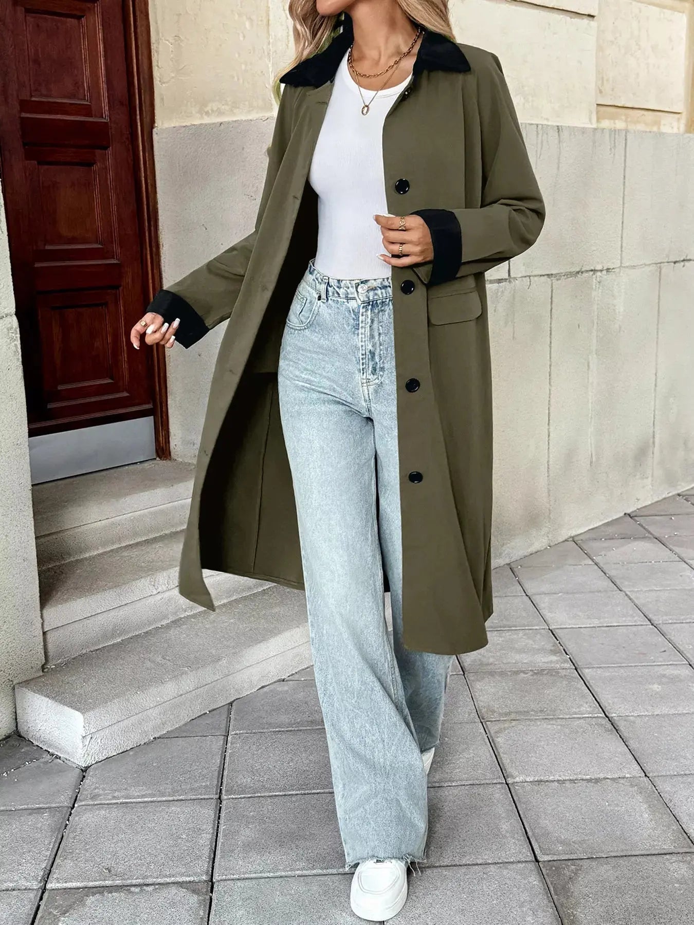 Contrast Collar Button Up Coat - Charmdeals