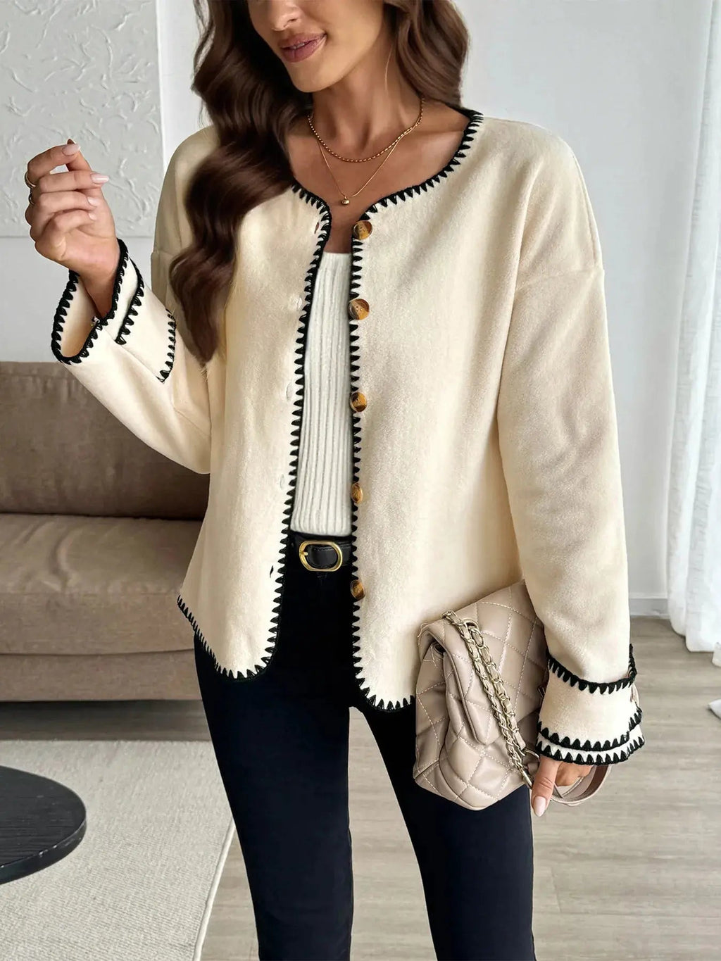 Contrast Trim Button Up Jacket - Charmdeals