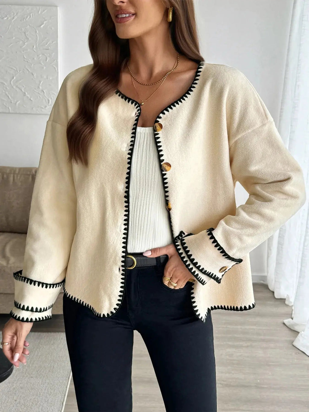 Contrast Trim Button Up Jacket - Charmdeals