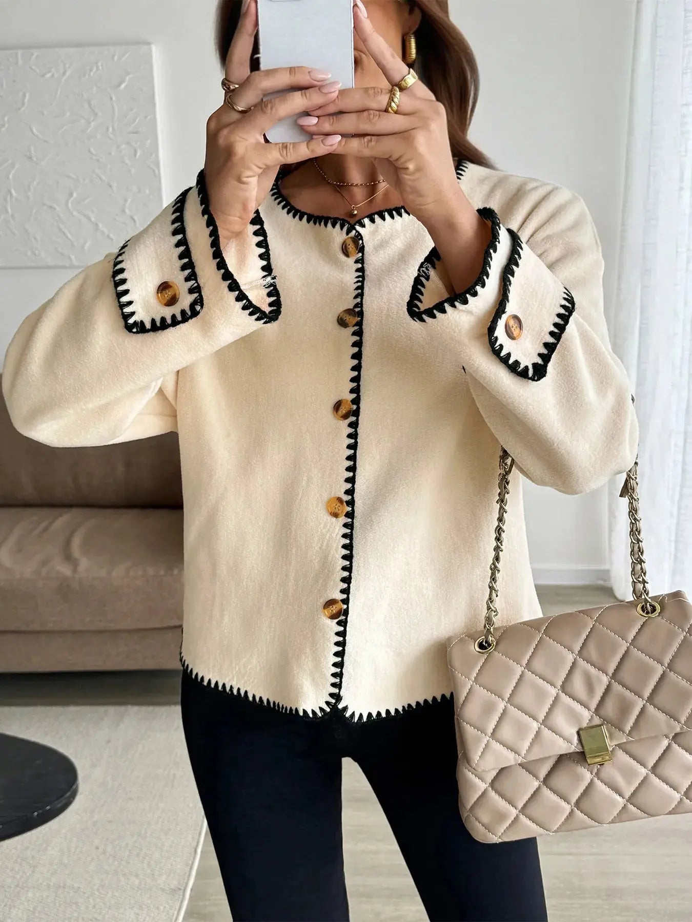 Contrast Trim Button Up Jacket - Charmdeals