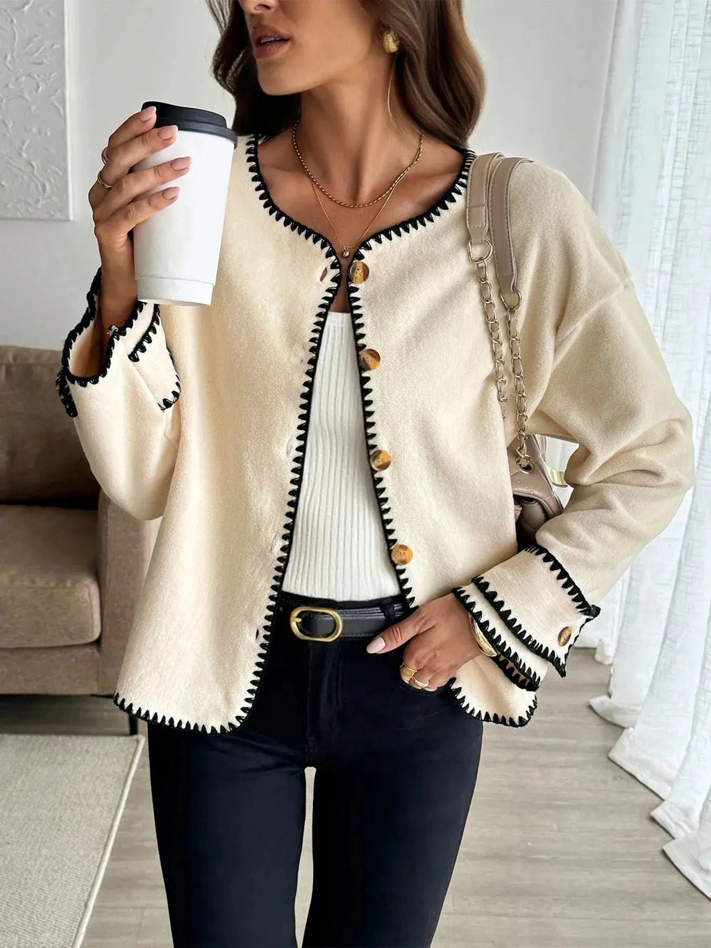 Contrast Trim Button Up Jacket - Charmdeals