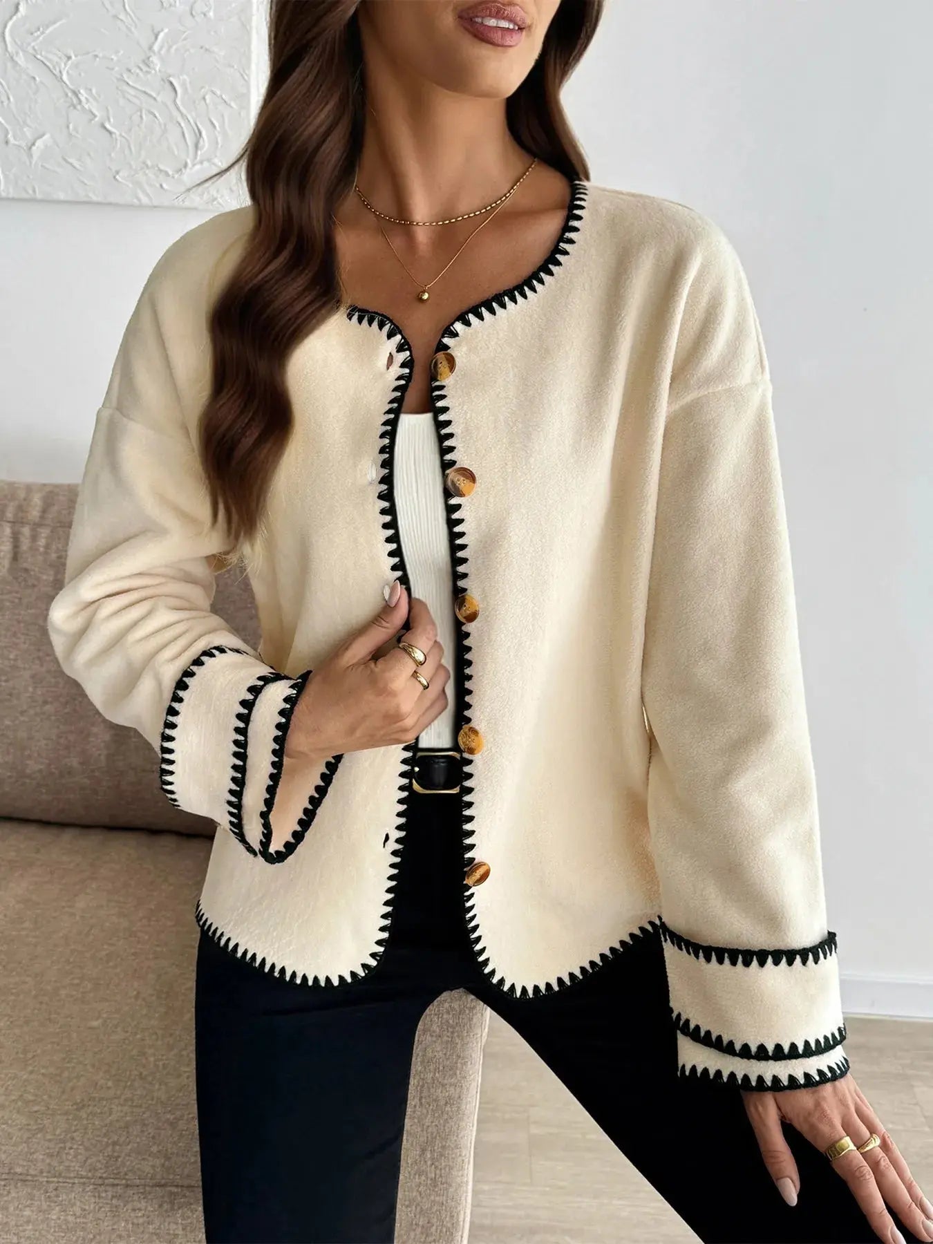 Contrast Trim Button Up Jacket - Charmdeals