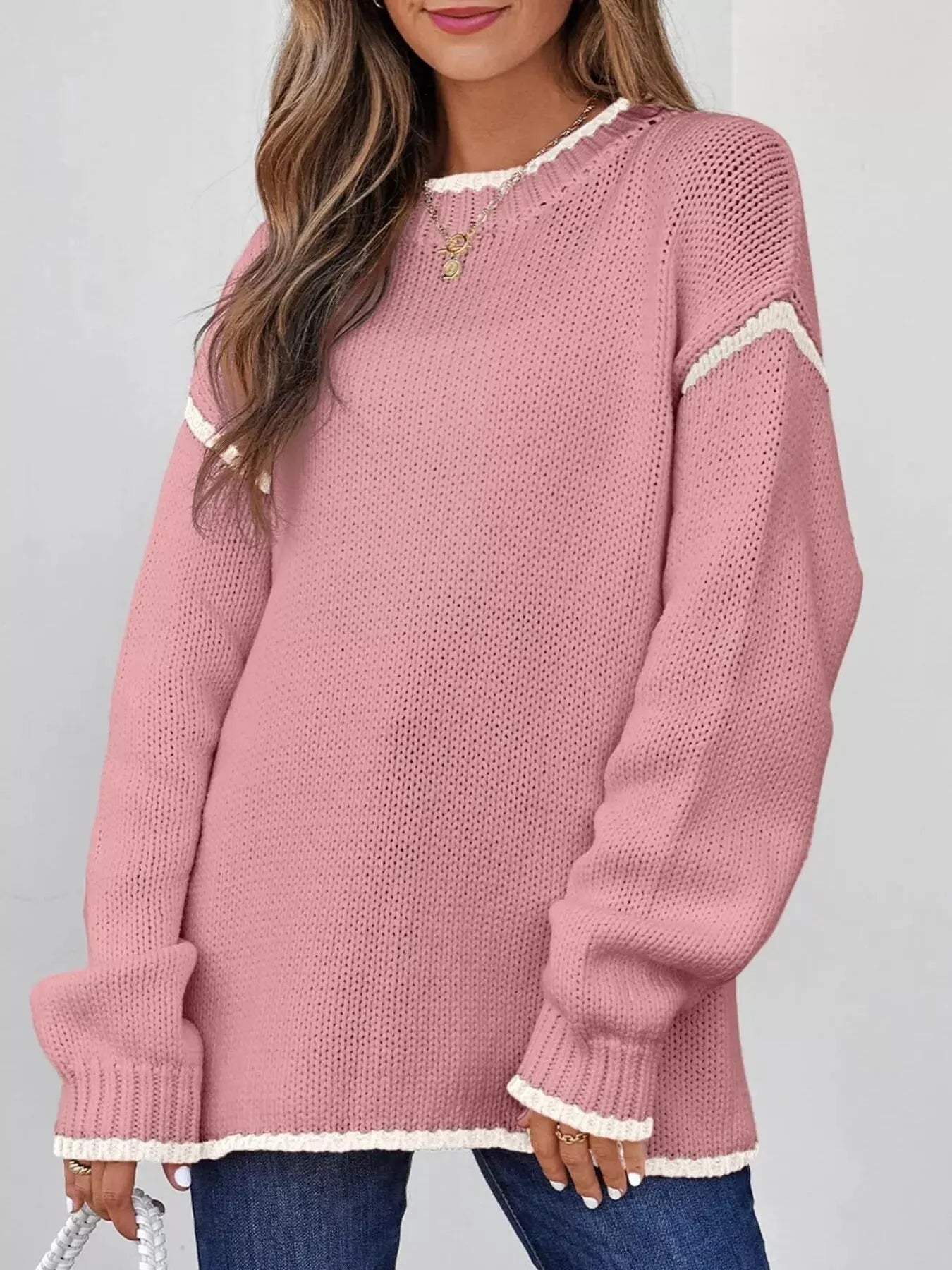 Contrast Trim Long Sleeve Sweater - Charmdeals